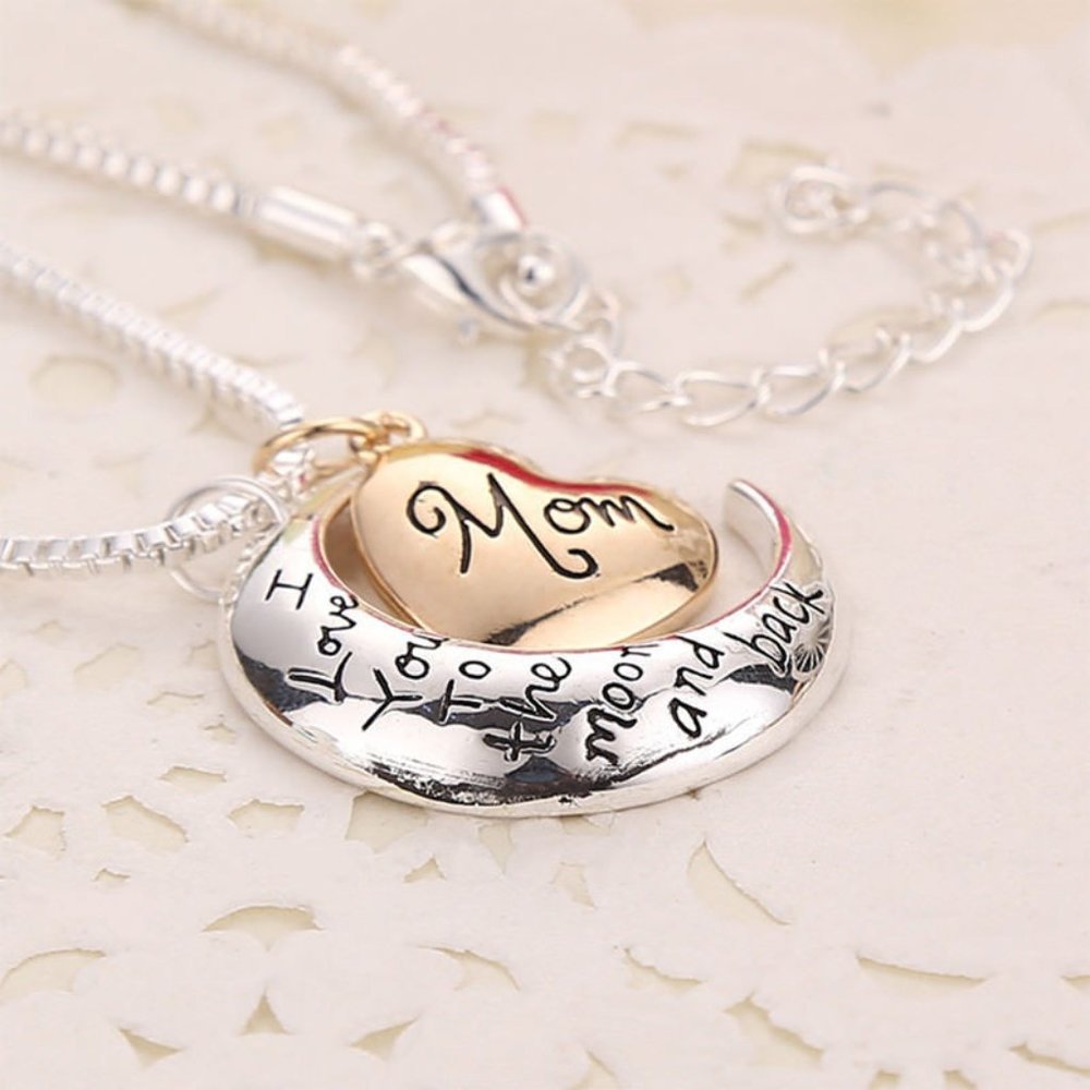 Europe Silver Moon Gold Heart Necklace Family Pendant Mothers Day - Mom Bronze 18$